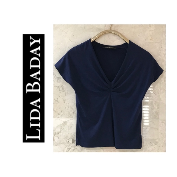 Lida Baday Tops - LIDA BADAY {M} Top Twist Stretch Short-Sleeved Navy Blue